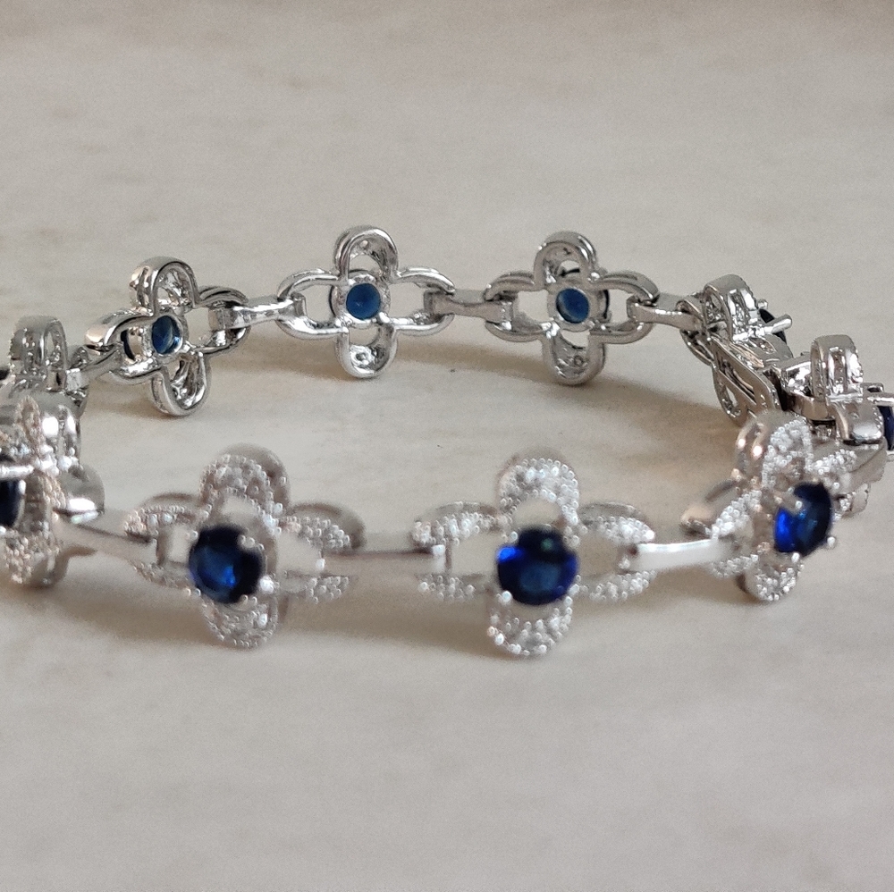 Dazzling Sterling Silver Bracelet w/ Blue Sapphire & Cubic Zirconia